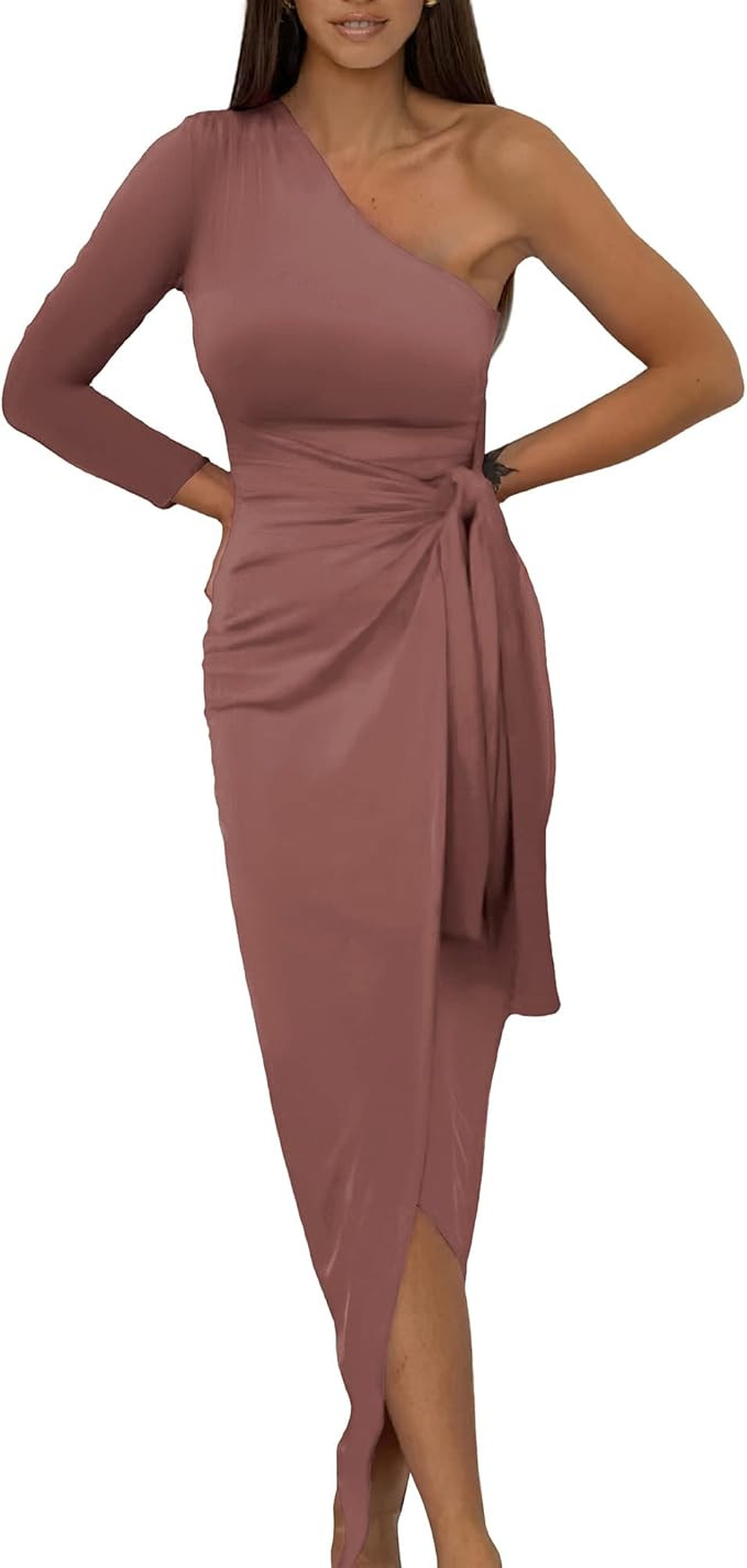 BTFBM Women Elegant Long Sleeve One Shoulder Cocktail Dress Bodycon Ruched Tie Waist Wrap Dress S... | Amazon (US)