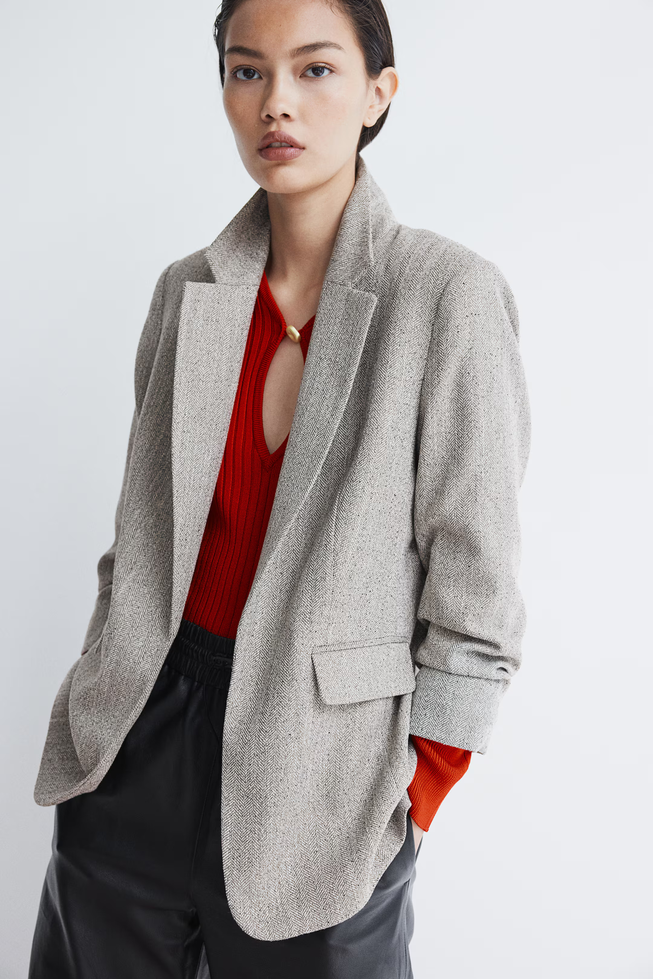 Gathered-sleeve Jacket - 3/4 sleeve - Regular length - Beige/herringbone-patterned - Ladies | H&M... | H&M (US + CA)
