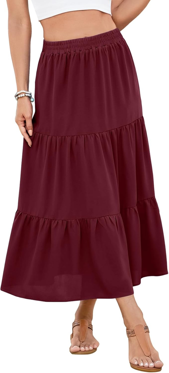 Women's 2025 Summer Boho Tiered Maxi Skirt Flowy A-Line Elastic Waist with Pockets Trendy Beach L... | Amazon (US)