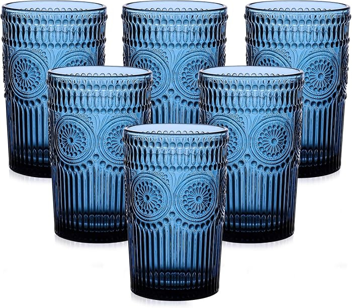 ZMOWIPDL Vintage Glassware Drinking Glasses Set of 6,13 oz Blue Textured Flower Design Glass Wate... | Amazon (US)