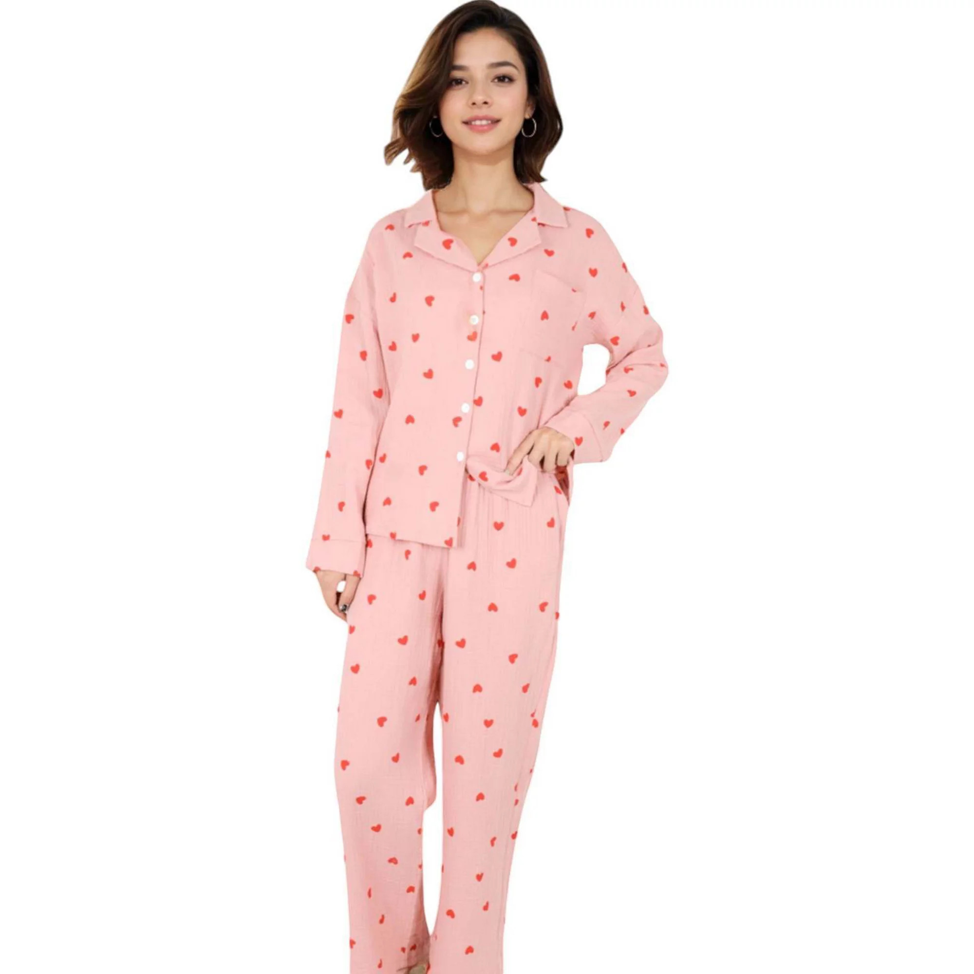 Women's Button-Up Pajama Set with Heart Print and Notched Collar | Kohl's