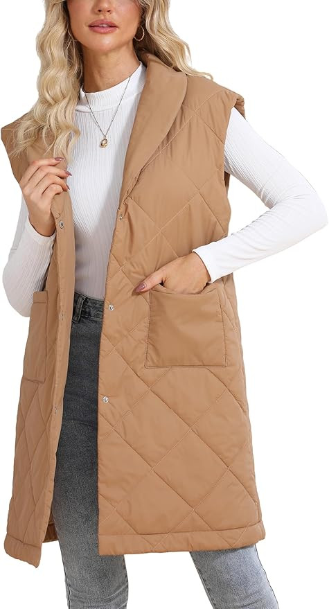 EsheSy Womens Long Line Quilted Puffer Vest Button Down Knee Length Sleeveless Lightweight Jacket... | Amazon (US)