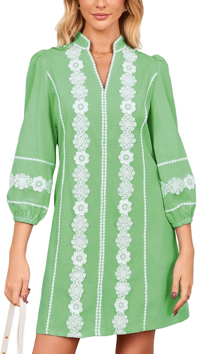 Women's Embroidered Lace Floral Tunic Dress 3/4 Puff Sleeve V Neck Mini Dress with Pockets | Amazon (US)