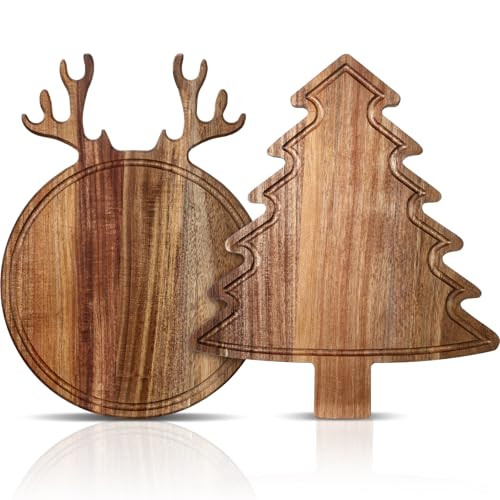 Umigy 2 Pcs Christmas Charcuterie Boards Christmas Tree Wooden Cutting Board with Handle Antler Acacia Wood Cute Cutting Board for Cheese Fruit Bread Salad Vegetables Snack Dessert(Elk Style) | Amazon (US)