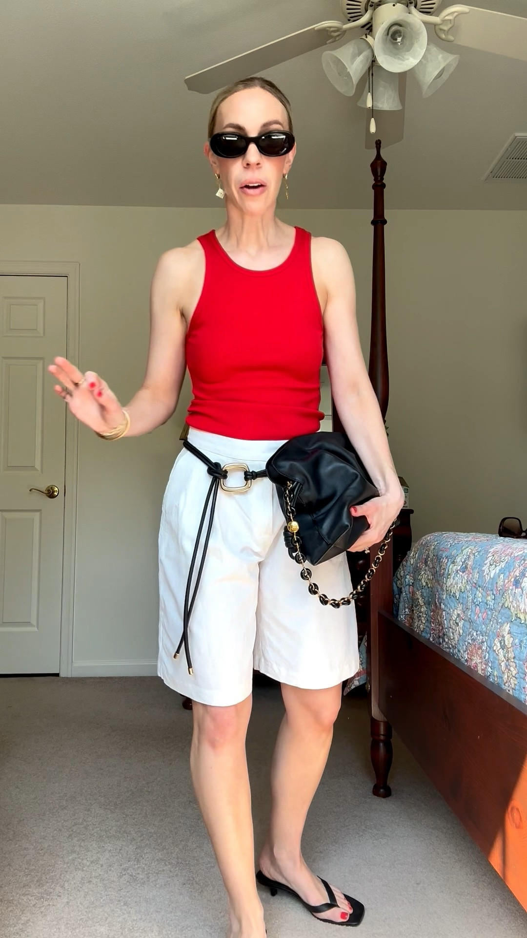 Summer minimal outfit, vacation outfit, tomato red tank, linen bermuda shorts (under $30), @Madewell leather belt, kitten heel thong sandals (under $60)

#LTKdayinmylife #LTKootd #LTKSaleAlert
