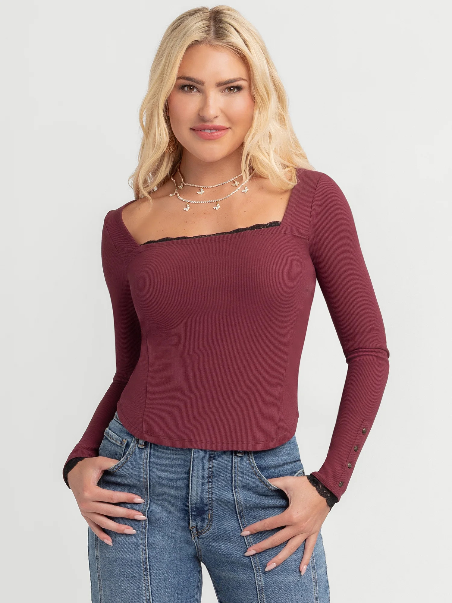 Jessica Simpson Women's and Women's Plus Aleera Ribbed Knit Top with Lace Trim, Sizes XS-4X | Walmart (US)