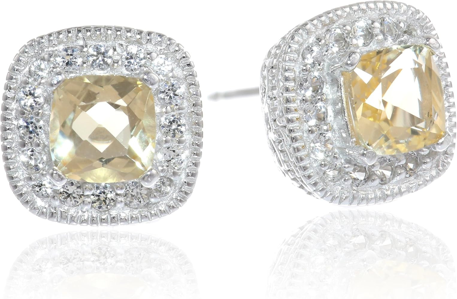 Amazon Collection Sterling Silver Cushion Cut Birthstone and Created White Sapphire Halo Stud Ear... | Amazon (US)