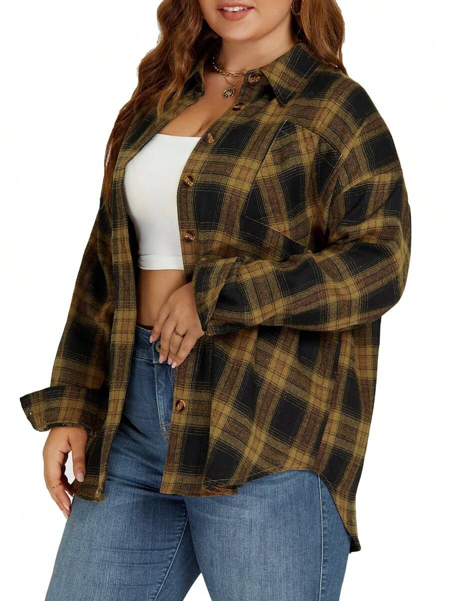VISLIY Plus Size Plaid Flannel Shirts For Women Loose Fit Boyfriend Button Down Shirt Long Sleeve... | SHEIN