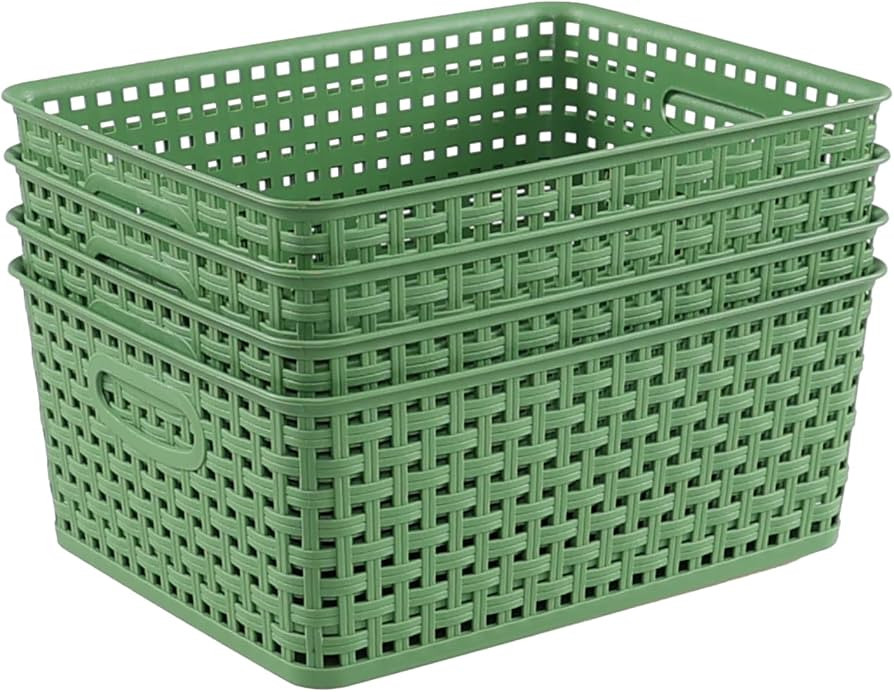 Sandmovie Plastic Woven Storage Baskets, Dark Green, 4 Pack | Amazon (US)