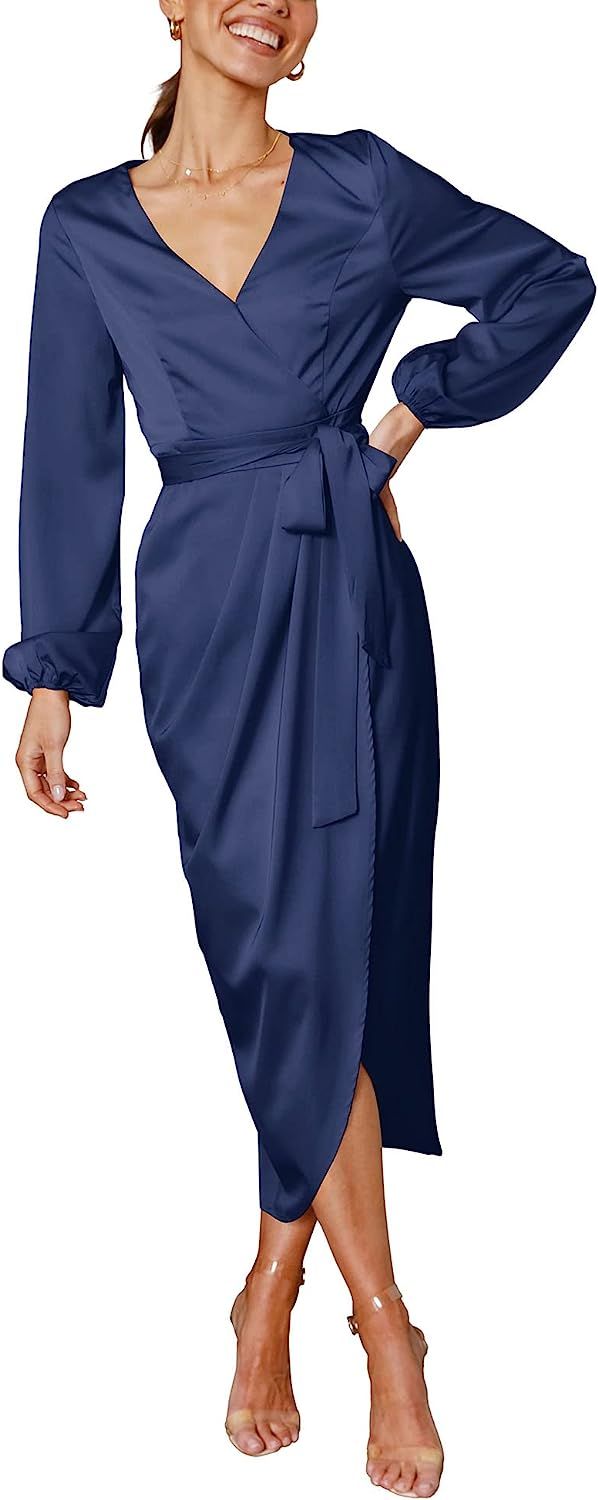 Women Satin Dress Deep V-Neck Long Sleeve Tie Waist Split Midi Dresses | Amazon (US)