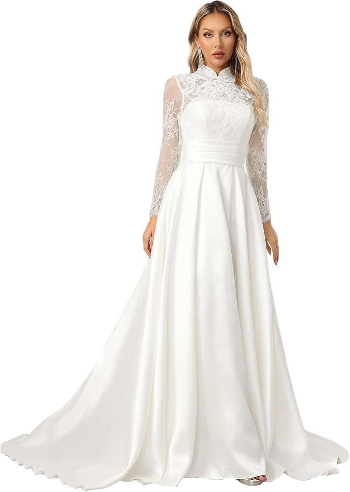 Wedding Dress High Neck Long Lace Sleeve Satin Keyhole Back A-Line | Amazon (US)