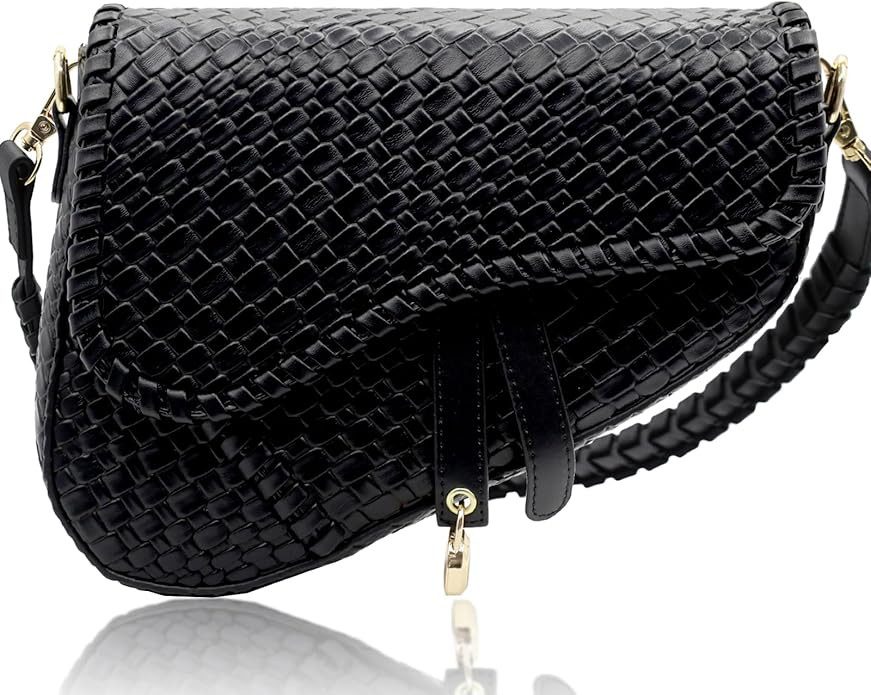 fashion women saddle shoulder bag clutch purse small crossbody satchel handbag woven imitation cr... | Amazon (US)