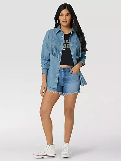 Women's Wrangler Retro Fringe Front Denim Western Snap Shirt in Indigo | Wrangler