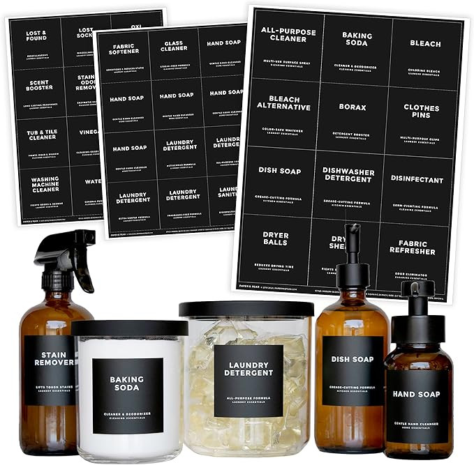 Modern-Block Black Bathroom Labels, Laundry Labels & Cleaning Labels by Paper & Pear - Waterproof... | Amazon (US)