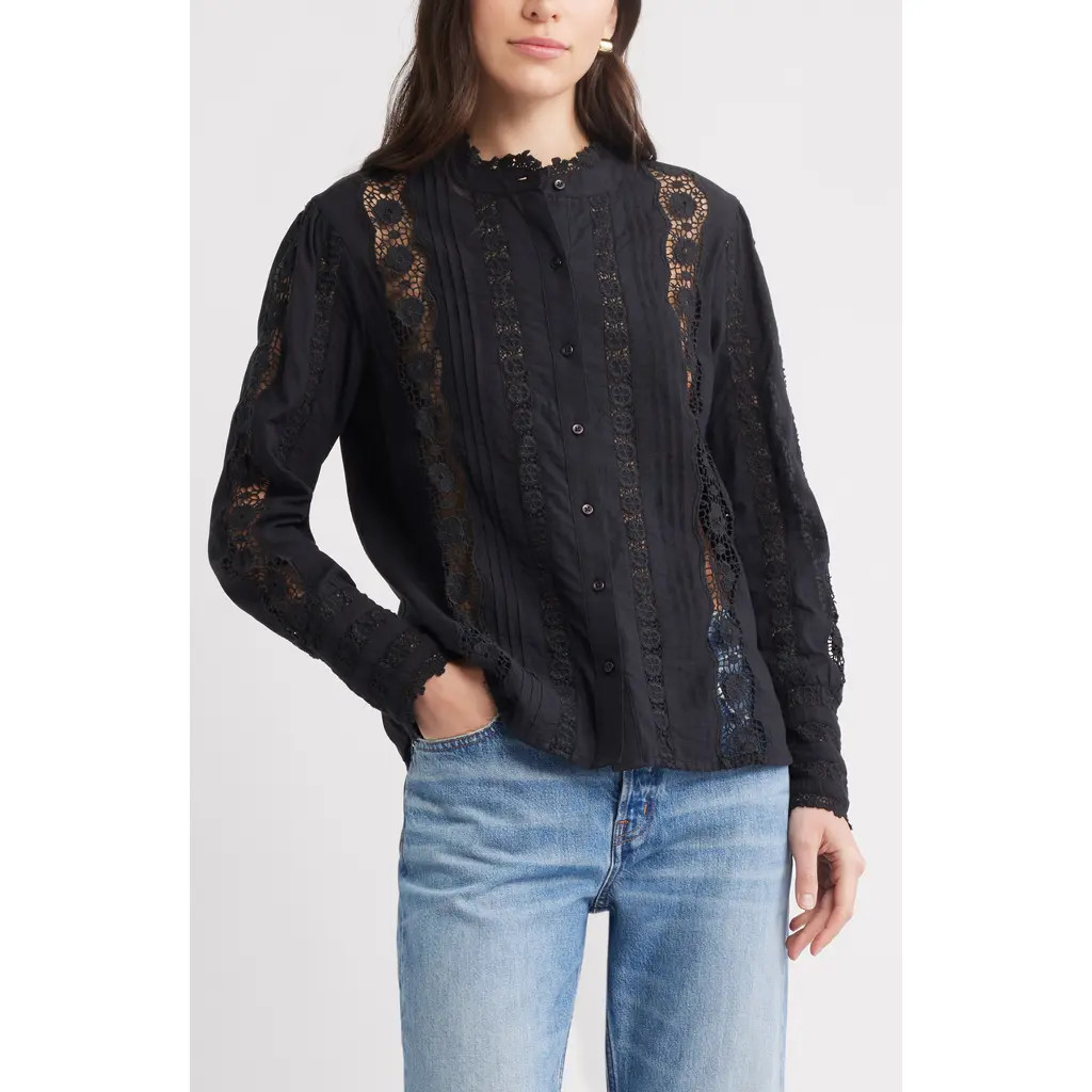 Caslon® Pretty Lace Panel Button-Up Shirt in Black at Nordstrom Rack, Size Large | Nordstrom Rack