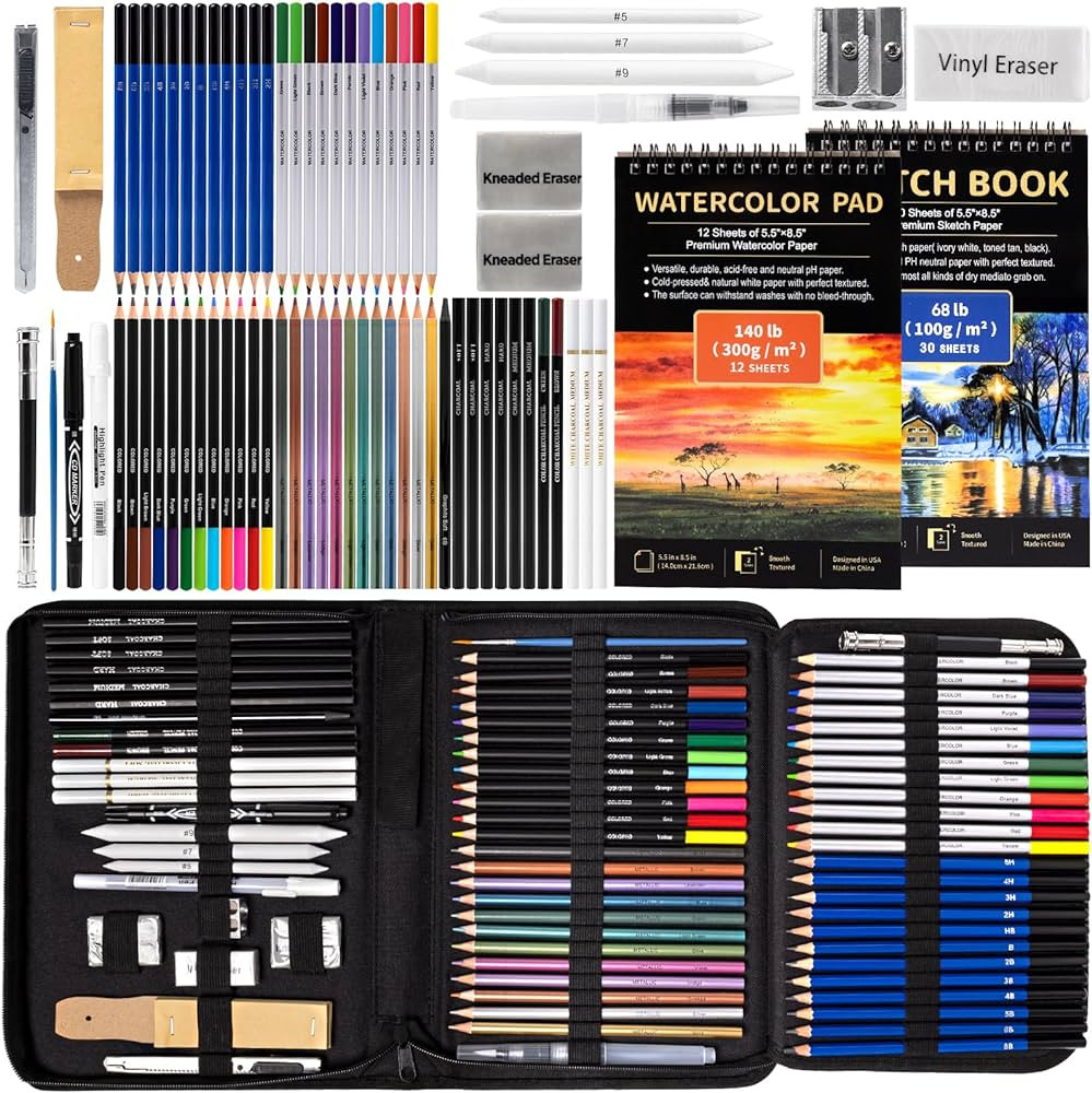 Art Supplies Drawing Pencils Set - 76 Pack Pro Sketching Kit with Sketchbook & Watercolor Pad, In... | Amazon (US)