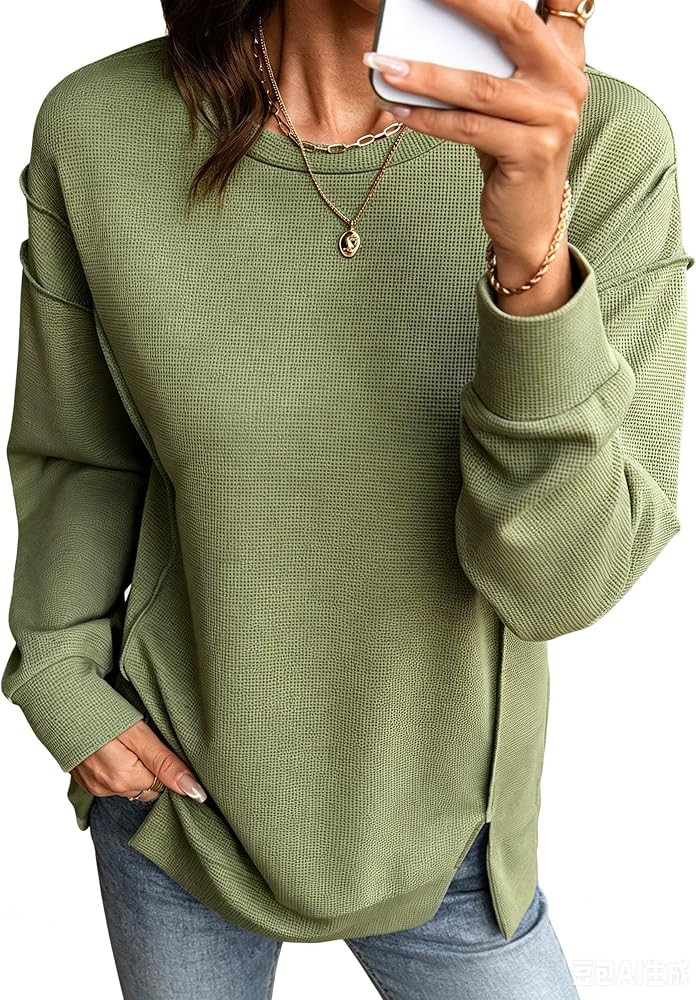 SHEWIN Womens Sweatshirt Loose Crew Neck Waffle Knit Tops Side Split Long Sleeve Shirts Fashion F... | Amazon (US)
