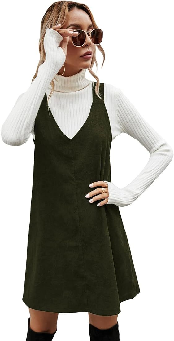 Women's V Neck Corduroy Pinafore Overall Mini Dress Jumper Dress | Amazon (US)
