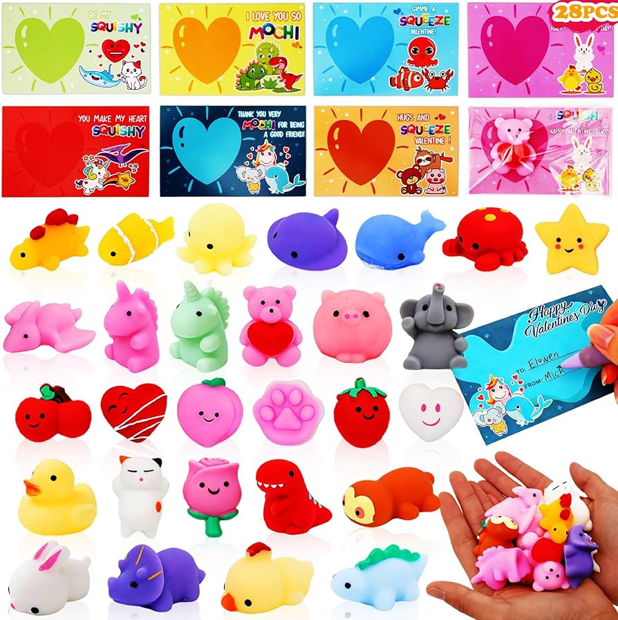 28 Pack Valentine’s Day Cards with Mochi Squishy Fidget Toys for Kids, Cute Kawaii Squishies Cl... | Amazon (US)