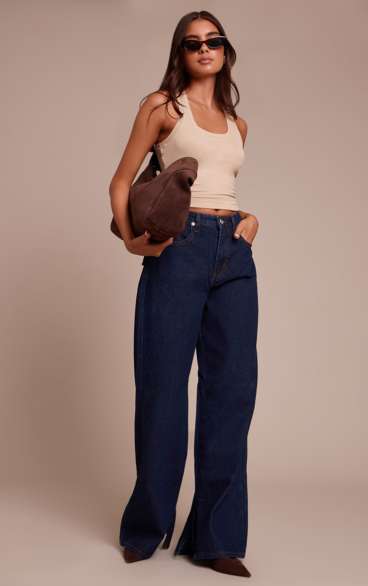 Indigo High Rise Split Hem Boyfriend Jeans | PrettyLittleThing US