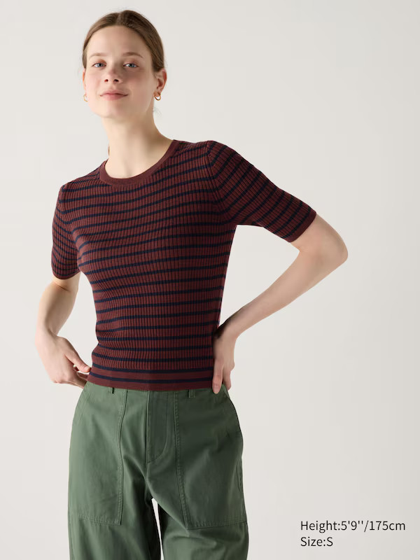 Merino Ribbed Crew Neck Half Sleeve Sweater | Striped | UNIQLO (US)