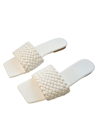 BEAUDRM Women's Braided Flat Sandals Woven Square Open Toe Slip on Beach Slide Sandals White 9.5 | Amazon (US)