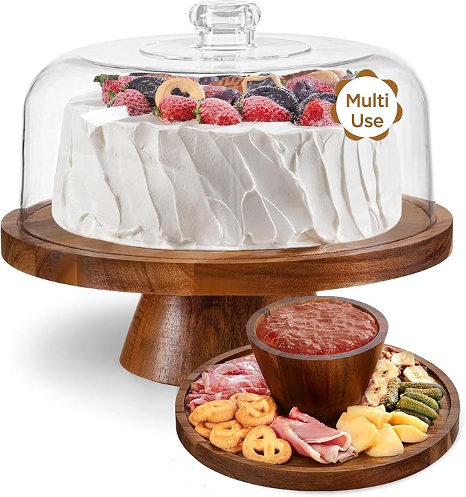 HBlife Cake Stand with Lid Multifunctional Cake Stand with Acrylic Dome Acacia Wood 6-in-1 Cake P... | Amazon (US)