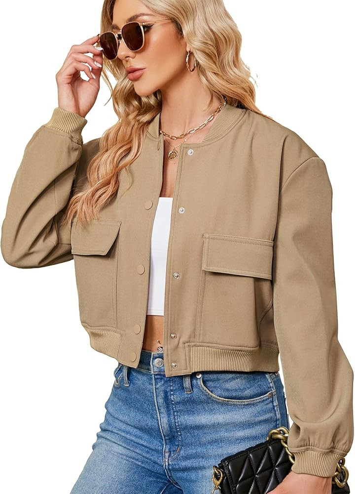 Zando Bomber Jacket Women 2025 - Short Cropped Jacket Women Button Down Long Sleeve Casual Varsit... | Amazon (US)