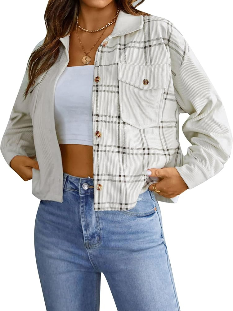 Blooming Jelly Womens Corduroy Jacket Cropped Plaid Shacket Button Down Long Sleeve Shirts with P... | Amazon (US)