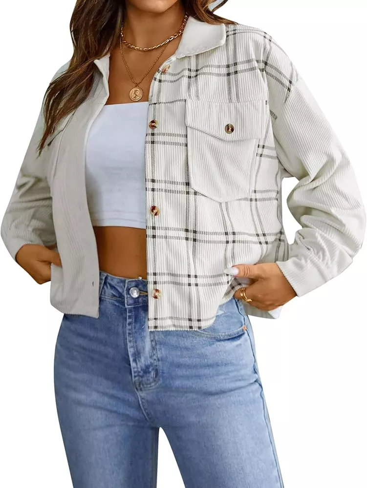 UANEO Womens Cropped Plaid Shacket Button Down Short Flannel Shirt Jacket  with P