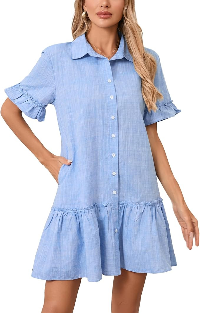 Women's Ruffle Short Sleeve Button Up Mini Dress Cotton Drop Waist Tunic Shirt Dress | Amazon (US)