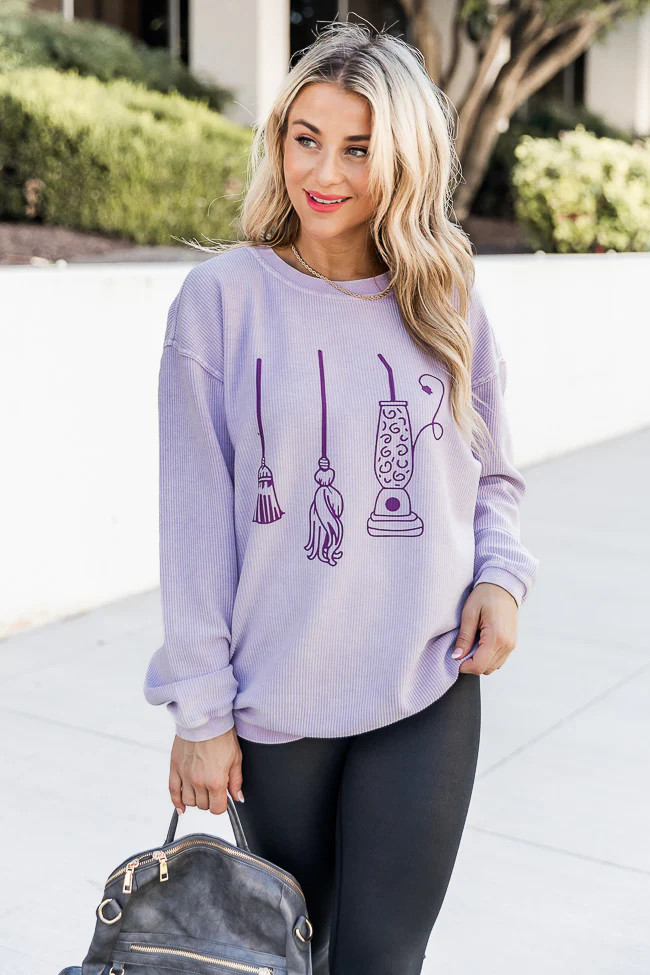 Halloween Brooms Lilac Corded Graphic Sweatshirt | Pink Lily