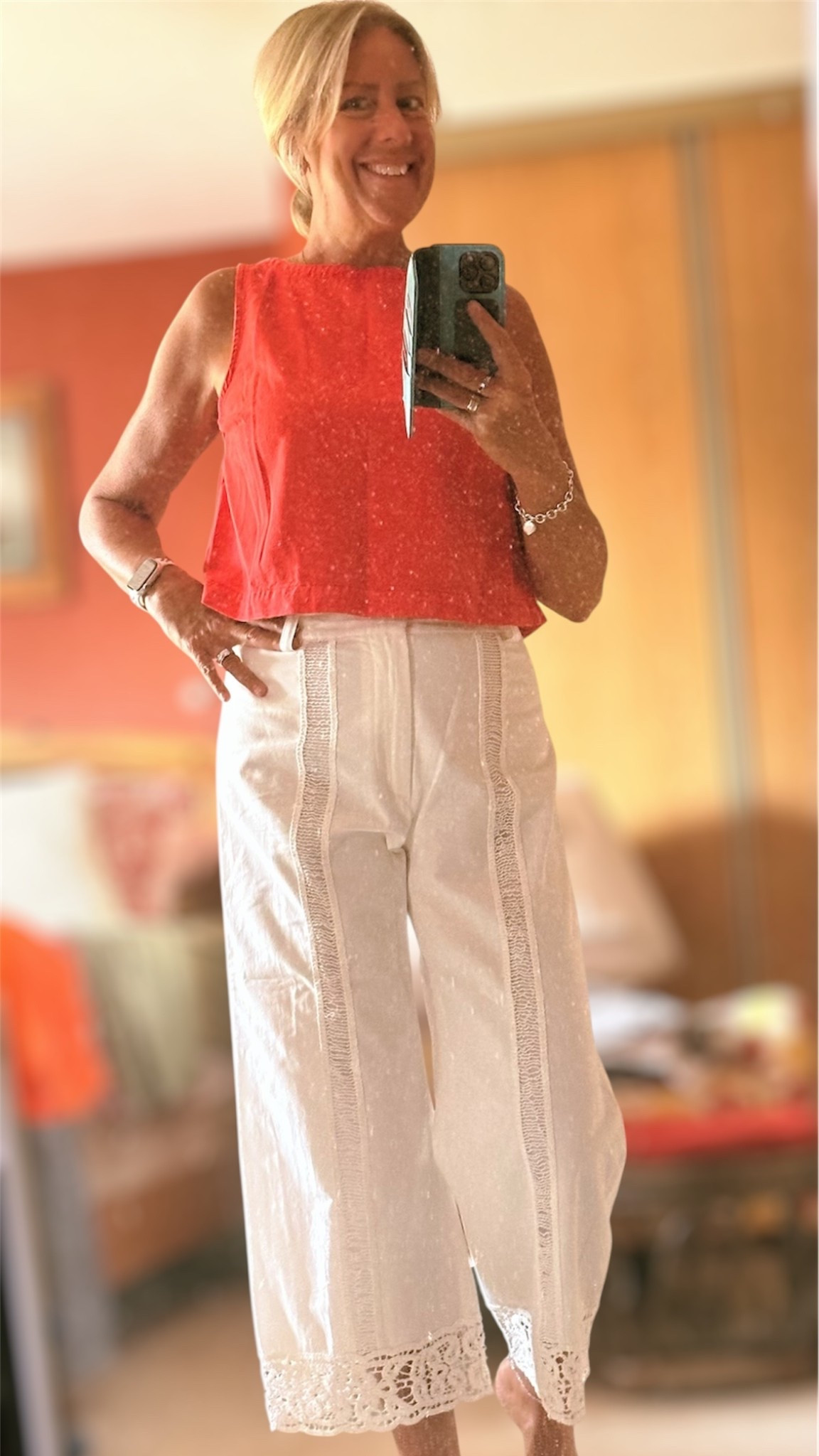 These white cropped cotton pants have a zipper in front and lace at hem line . No pockets .  They do have belt loops which would look great with a scarf worn as a belt to add a pop of color .  They are just the right thickness  and not at all see through .   The high waist looks great with a cropped top such as this red denim one from Gap. 

A perfect summer evening outfit !  Right now I could not wear pants during the current heat we have been having .

Denim cropped top @gap
White cotton pants @zara

#crispwhite
#lacedetail
#summernights
#popofcolor
#croppedpant
#fashionover60
#fashionablesixties
#dinnerattire
#itsallaboutthedetails


#LTKsummer #LTKcanada