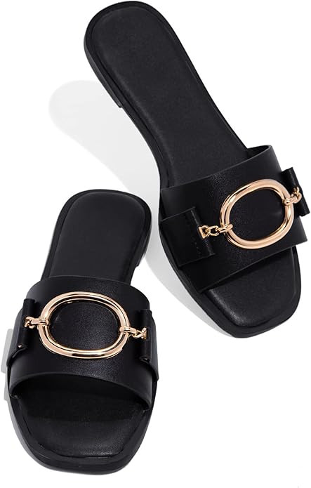 Coutgo Womens Square Toe Dressy Summer Slide Sandals Flat Low Heel Big Metal Chain Slip On Party ... | Amazon (US)