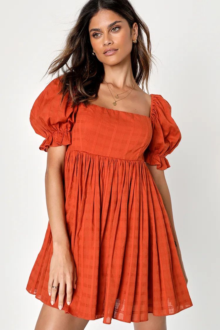 Orange Square Neck Puff Sleeve Babydoll Dress | Orange Dress Resort Wear 2023 | Summer Outfit Inspo | Lulus (US)