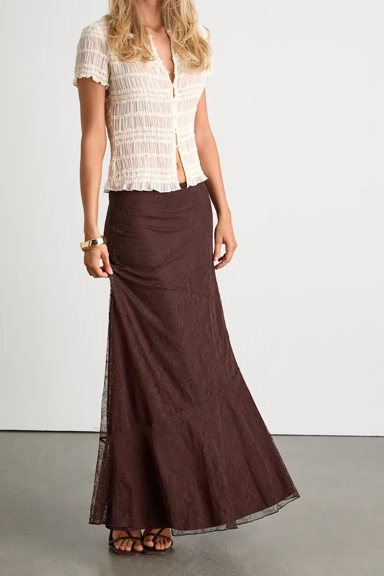 Coralia Dark Brown Seamed Lace Maxi Skirt | Lulus