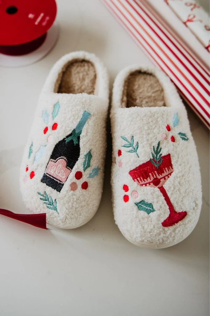 Holiday Champagne, Coupes & Holly Women's Slippers | Katydid