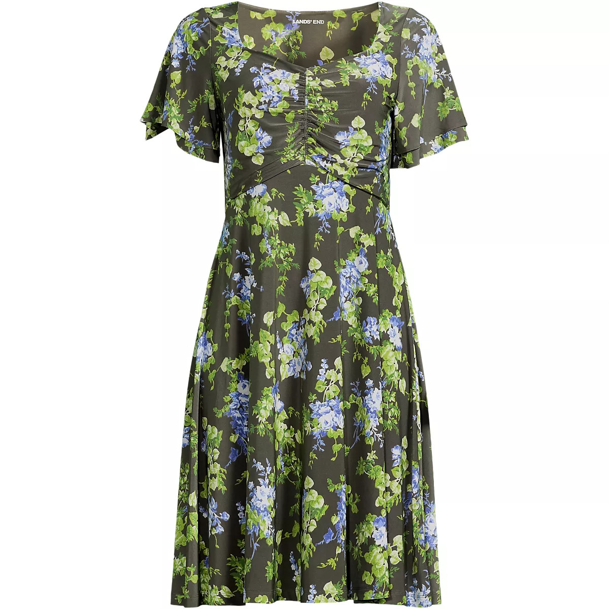 Women's Silky Knit V-neck Flutter Sleeve Knee Length Dress | Lands' End (US)