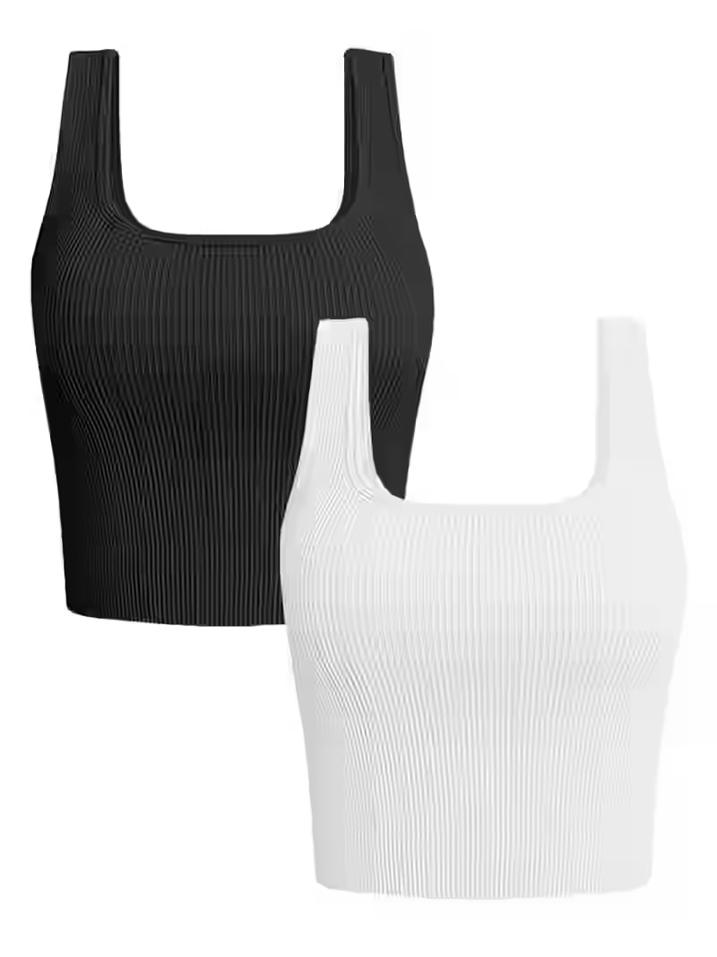 FITOP Women's 2 Piece Square Neck Tank Tops Ribbed Seamless Workout Exercise Shirts Summer Basic ... | Walmart (US)