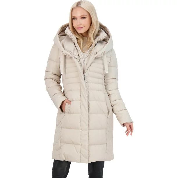 Tahari Casey Women's Quilted Down Fitted Puffer Coat with Bib Beige Size XL - Walmart.com | Walmart (US)