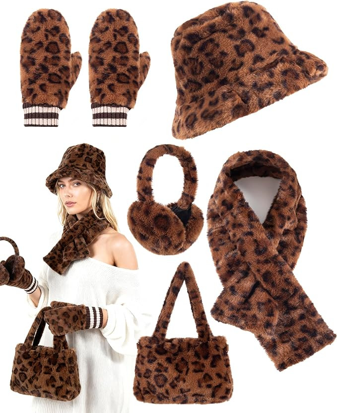 5-Piece Faux Fur Gift Set for Women: Fur Bucket Hat, Plush Handbag, Fur Scarf, Gloves, Ear Muffs ... | Amazon (US)