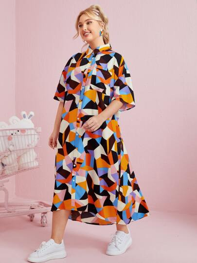 SHEIN Plus Drop Shoulder Geo Shirt Dress
   SKU: swdress07210308361      
          (489 Reviews)... | SHEIN