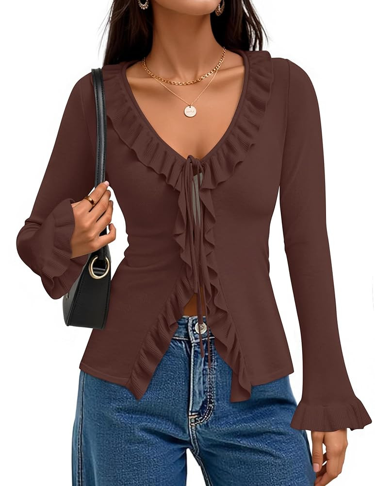 ZESICA Womens 2025 Fall Tie Front Bow Cardigan Sweaters Long Bell Sleeve V Neck Ruffled Knit Crop... | Amazon (US)