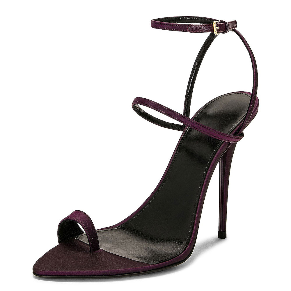 Dark Purple Satin Toe Ring Detail Buckled Strap Heels Sandals | FSJshoes.com