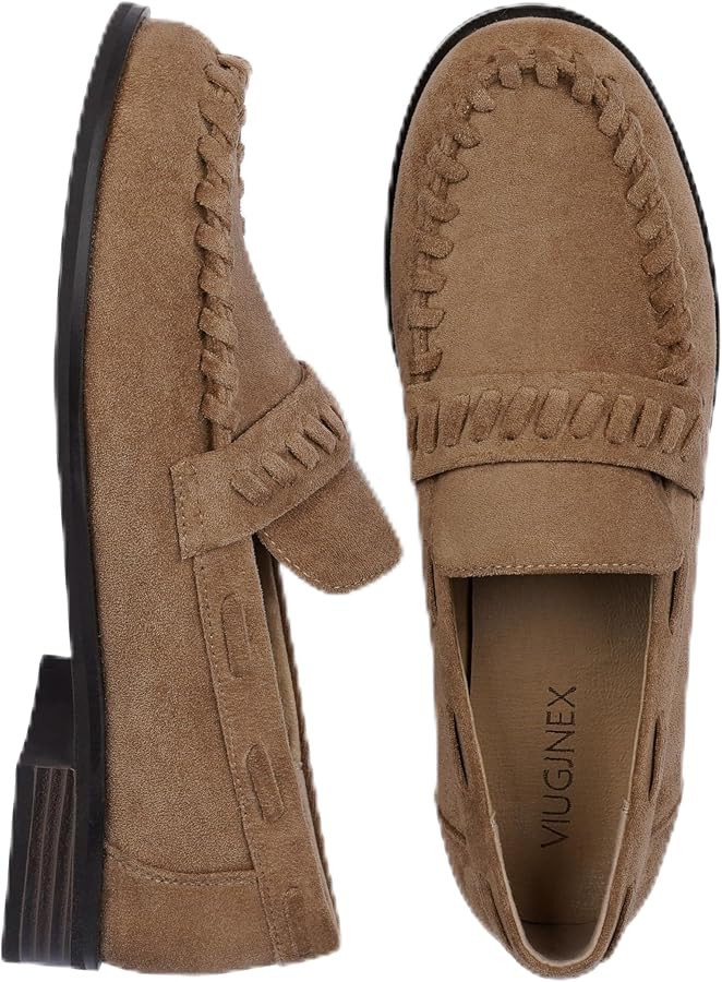 VIUGJNEX Women's Loafers with Woven Strap Detail Business Casual Slip On Shoes Low Chunky Heel | Amazon (US)