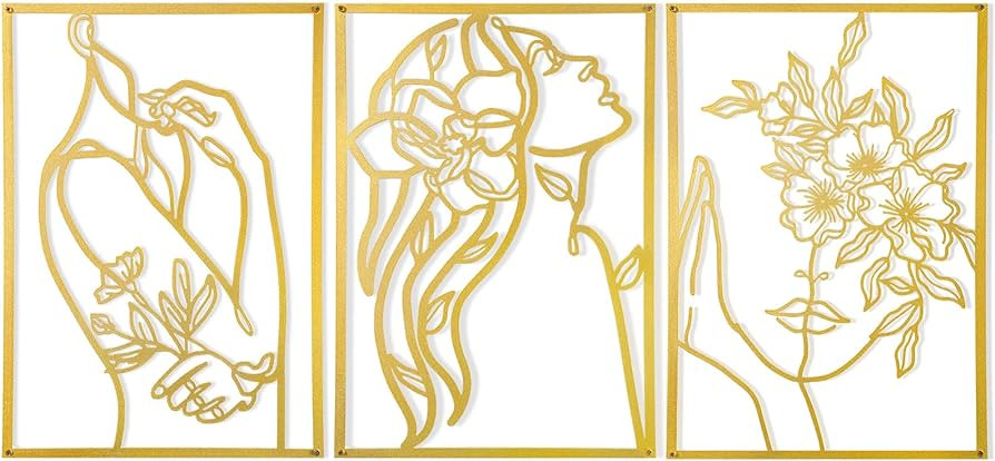 AGIOTA 3 Pcs Gold Metal Wall Decor, Minimalist Floral Women Line Drawing Wall Art, Elegant Abstra... | Amazon (US)