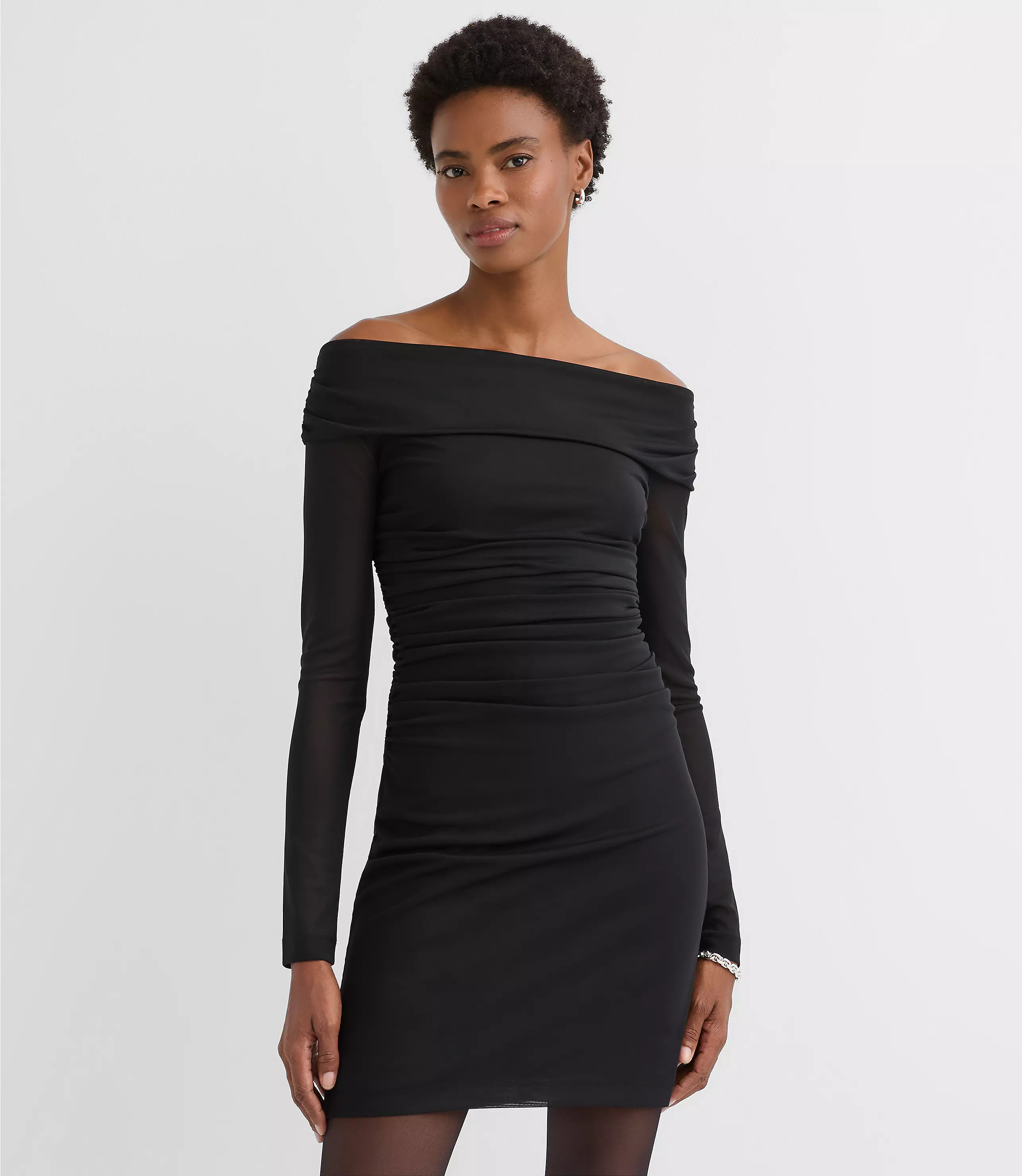 Mesh Ruched Off The Shoulder Mini Dress | LOFT