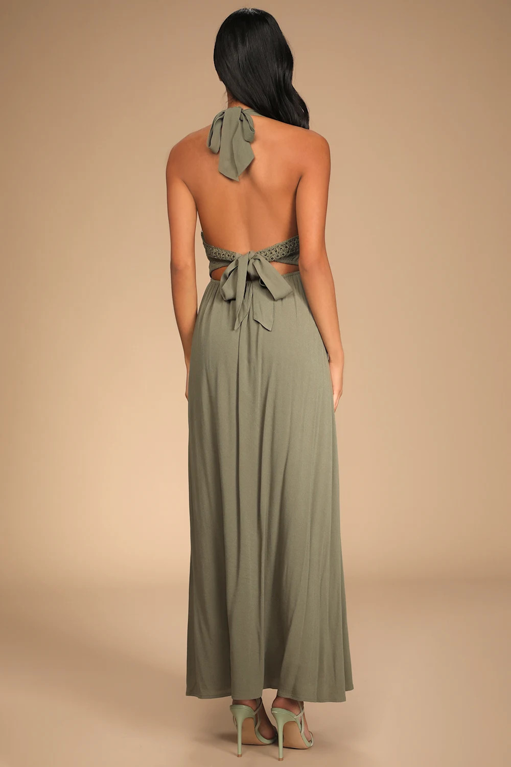 Floral Flair Olive Green Crochet Tie-Back Halter Maxi Dress | Lulus (US)