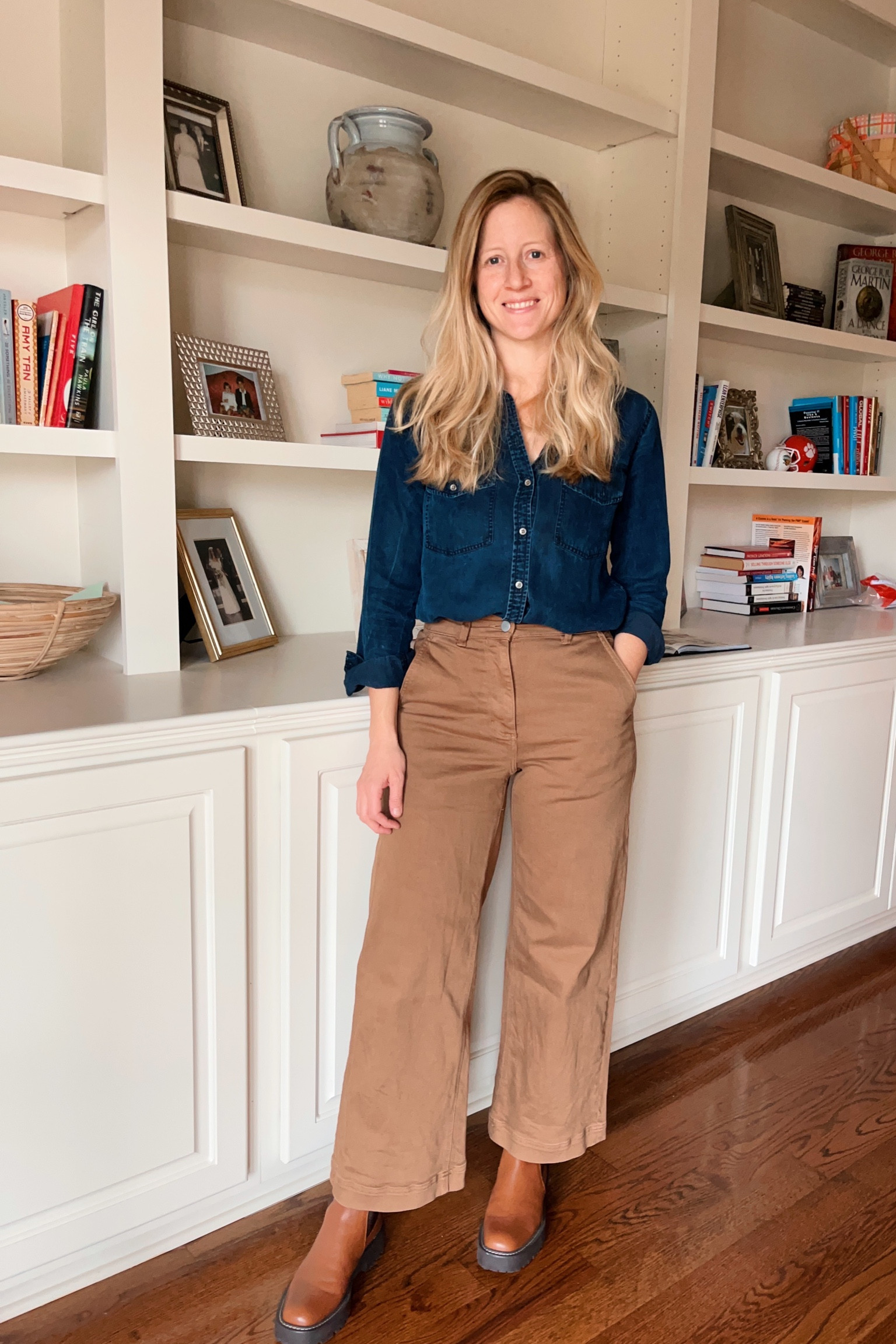 denim shirt - casual outfit - winter outfit - mom outfit - ootd - dark denim shirt - tan wide leg pants - high waisted trousers - brown wide leg pants - brown pants - leather lug boots - leather chelsea boots

#LTKstyletip