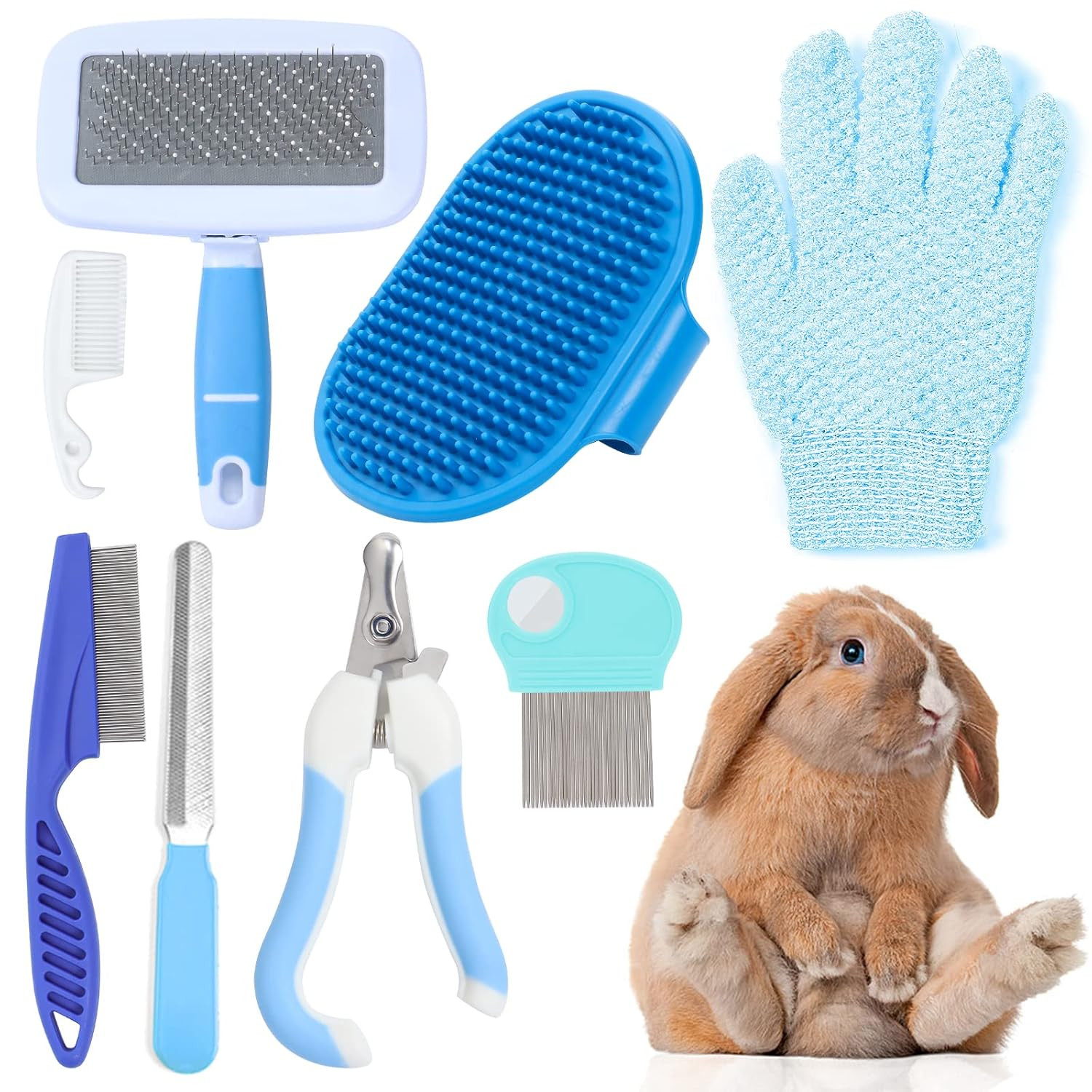VCZONE Small Animal Grooming Set: Pet Nail Clipper & File, Flea Comb, Shampoo Brush, Shedding Slicker Brush, Massage Glove, Cleaning Comb (Blue) | Amazon (US)